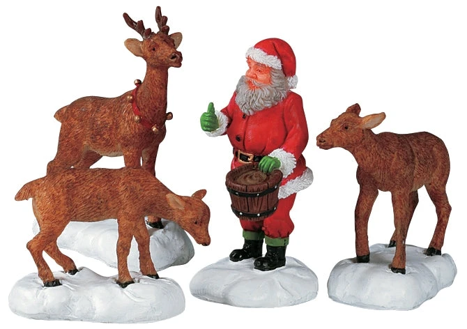 Lemax Santa Feeds Reindeer - Set Of 4 3 Lemax Santa Feeds Reindeer - Set Of 4